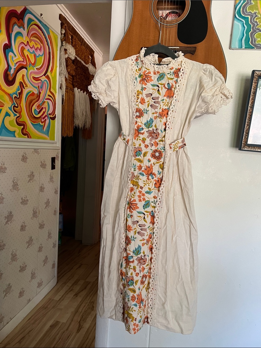 Cream Cotton Midi Dress with Floral Waist Tie Girls size Medium Handmade vintage